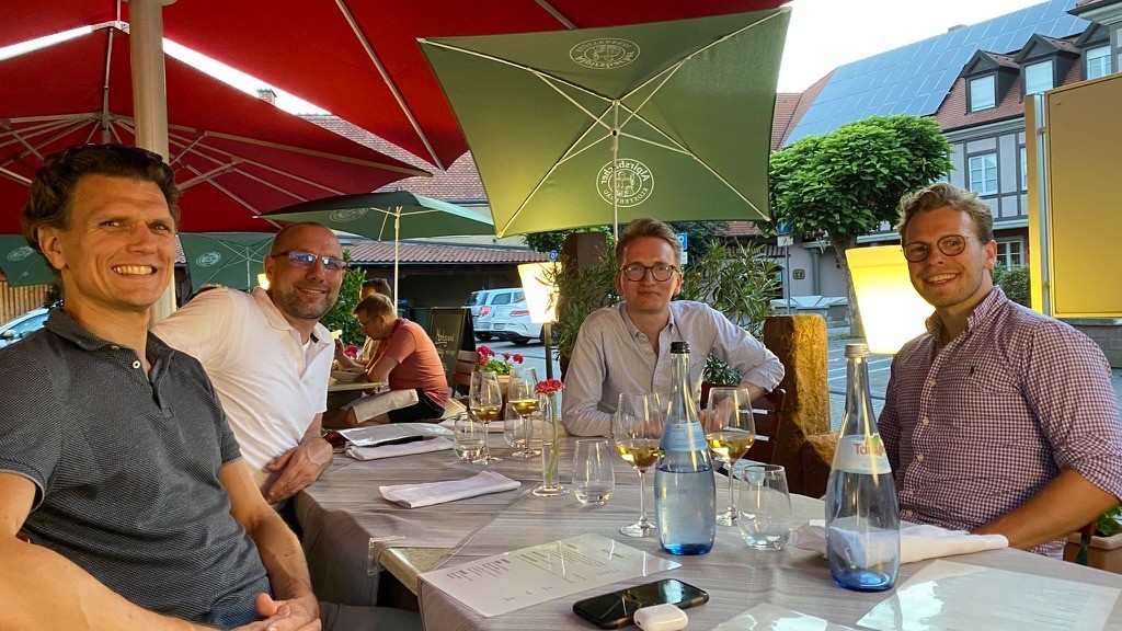 Summer 2020 — Matthias, Holger (co-founder of JobRad), David, and I meeting in person for the first time over dinner in Ihringen.